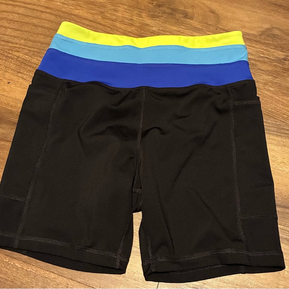 Black Athletic Shorts with Blue and Yellow Waistband